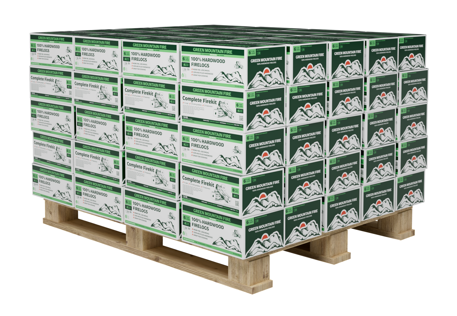 Green Mountain Fire - 100% Hardwood Fire Logs - 6 Log Complete Fire Kit (Full Pallet - 100 Units) Free Shipping