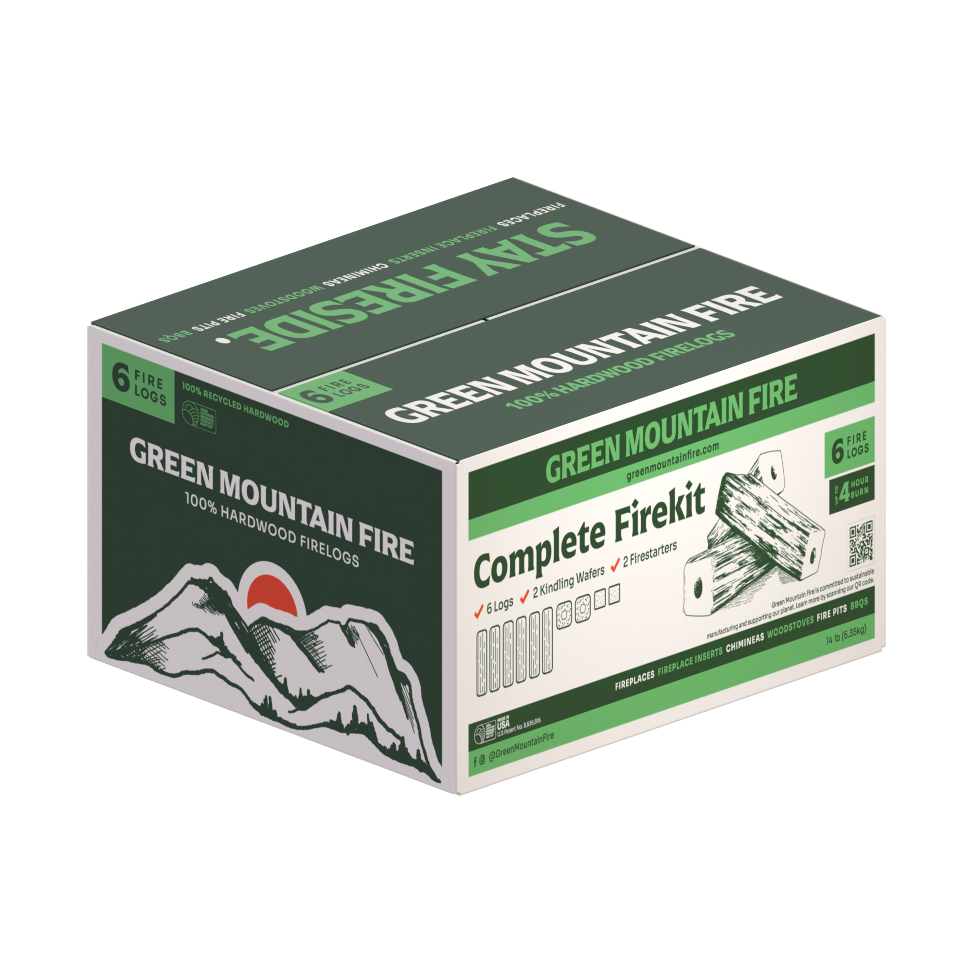 Green Mountain Fire - 100% Hardwood Fire Logs - 6 Log Complete Fire Kit