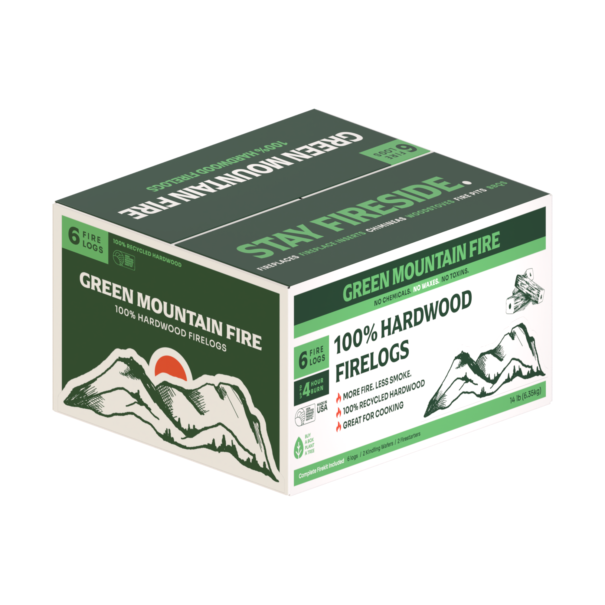 Green Mountain Fire - 100% Hardwood Fire Logs - 6 Log Complete Fire Kit