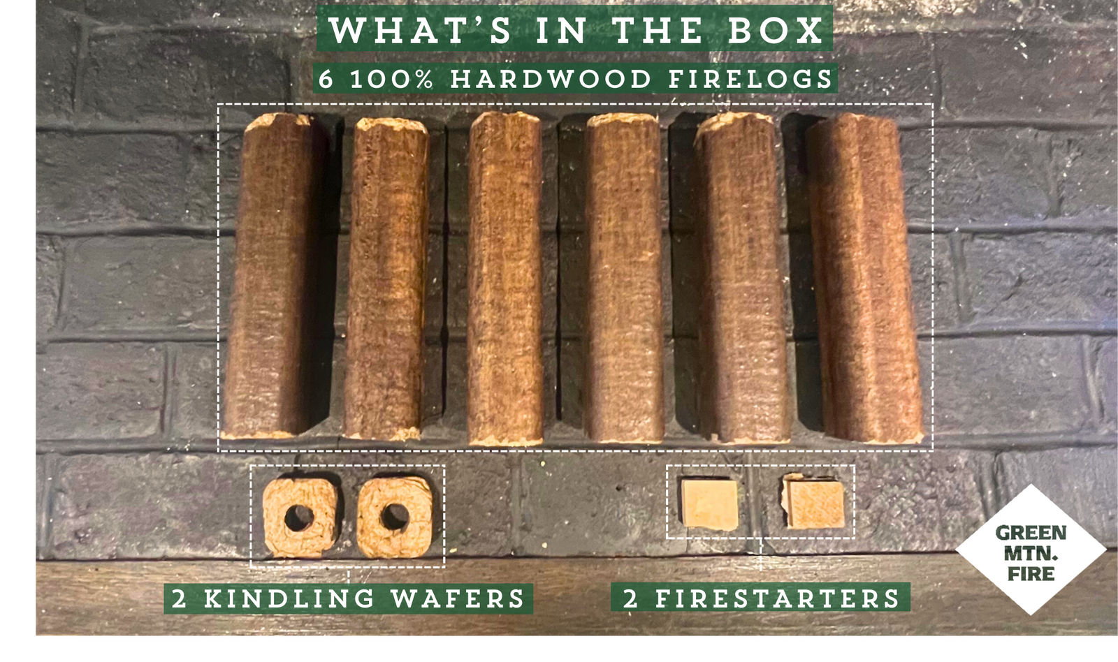 Green Mountain Fire - 100% Hardwood Fire Logs - 6 Log Complete Fire Kit (Full Pallet - 100 Units) Free Shipping