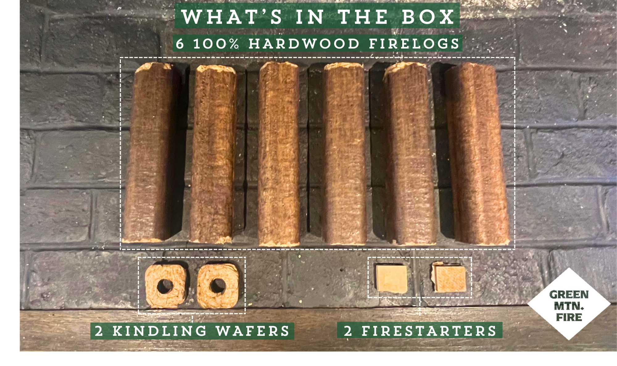 Green Mountain Fire - 100% Hardwood Fire Logs - 6 Log Complete Fire Kit (Full Pallet - 100CT)