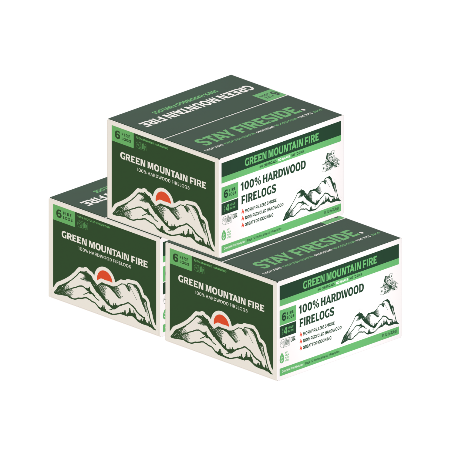 Bundle & Save: Green Mountain Fire 3-Pack – 100% Hardwood 6 Log Fire Kits (18 Logs Total) – Free Shipping